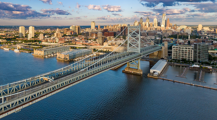 Photo of the Philadelphia skyline and a bridge